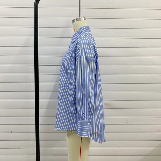 Plus Size Loose Casual Mid-length Short Front And Long Back Striped Shirt
