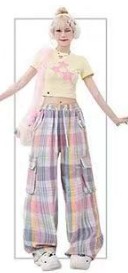 Women's Dopamine Wear Color Plaid Multi-pocket Straight-leg Pants