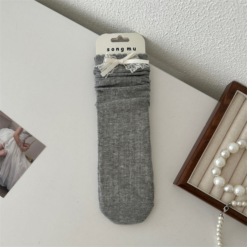Thin Mesh Hollow Out Floral Bow Mid-calf Length Loose Socks Breathable Sweat Absorbing