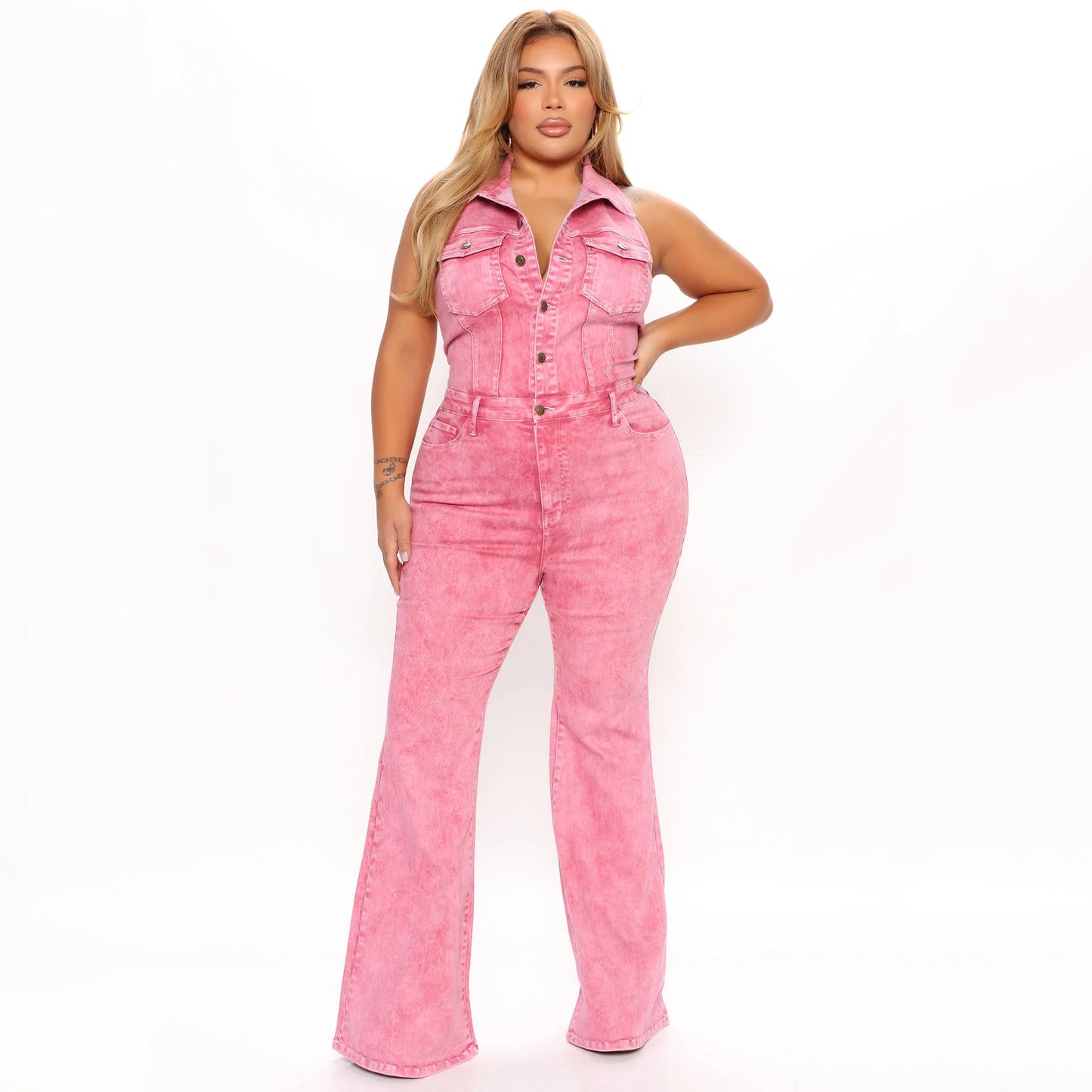 Women's Denim Fashion Backless Lapel Workwear With Pocket Jumpsuit