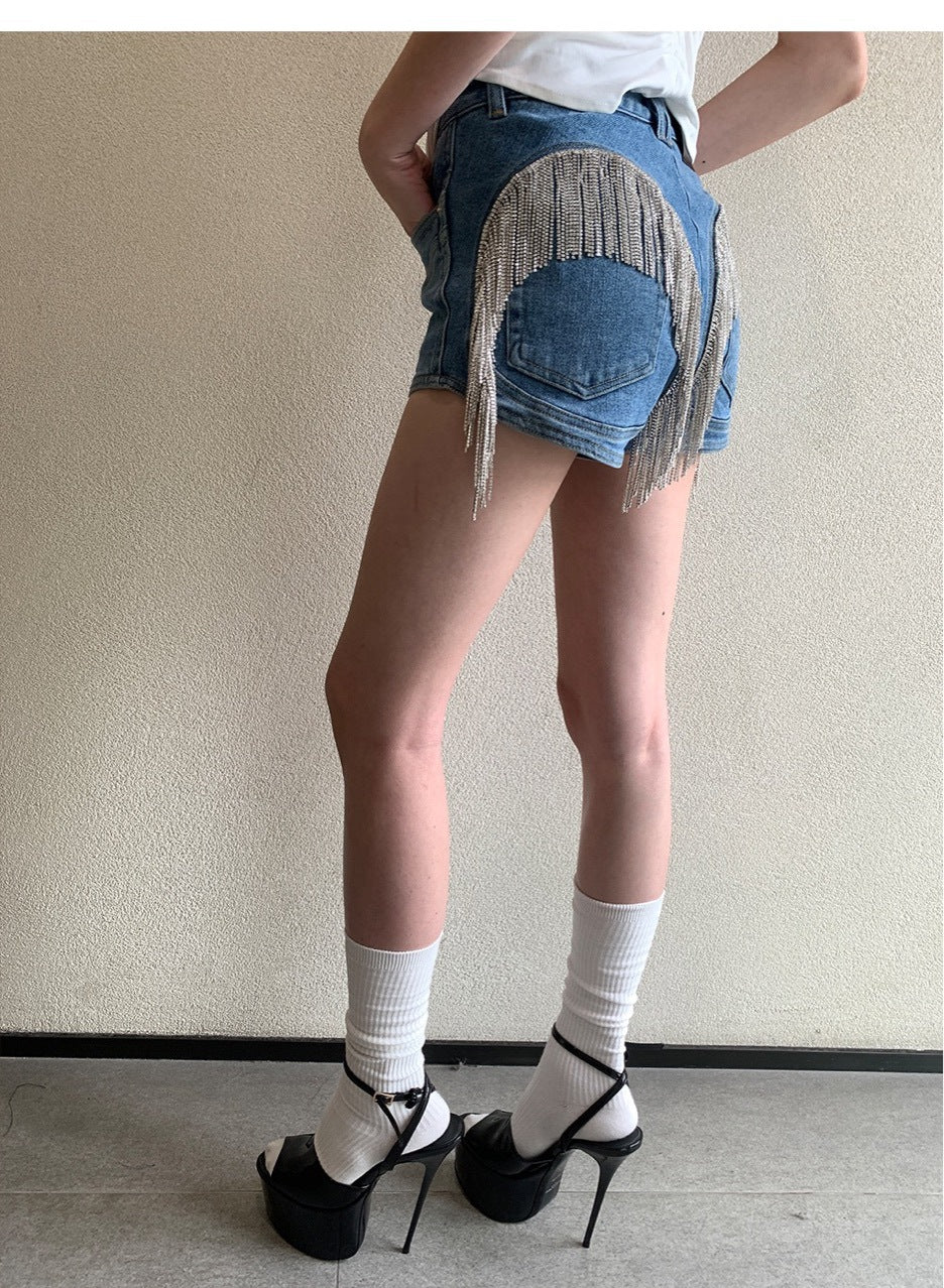 Women's Rhinestone Tassel Chain Stitching Denim Shorts