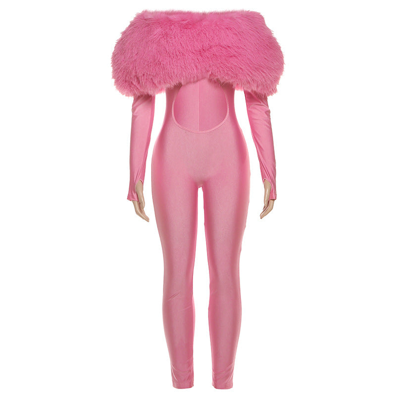 New Women's Off-shoulder Furry Stitching Sexy Midriff-baring Long Sleeve Jumpsuit
