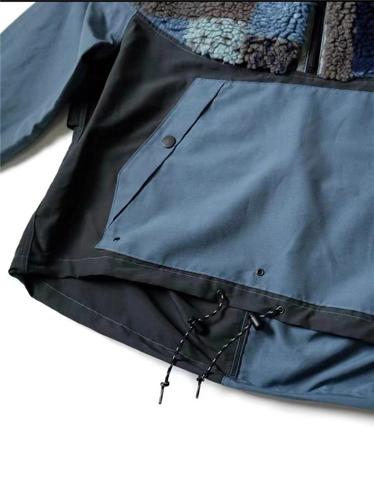 Polar Fleece Checkerboard Stitching Tooling Color-blocking Warm High-neck Jacket