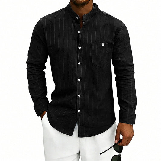 Linen Jacquard Striped Loose-fit Casual Stand-collar Long-sleeve Shirt
