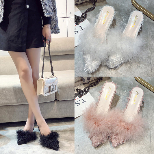 Pointed Toe Stiletto Lazy Half-shoes Net Red Sexy Furry Single Shoes