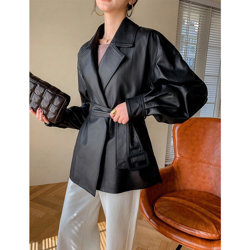 Loose Belt Small Leather Jacket