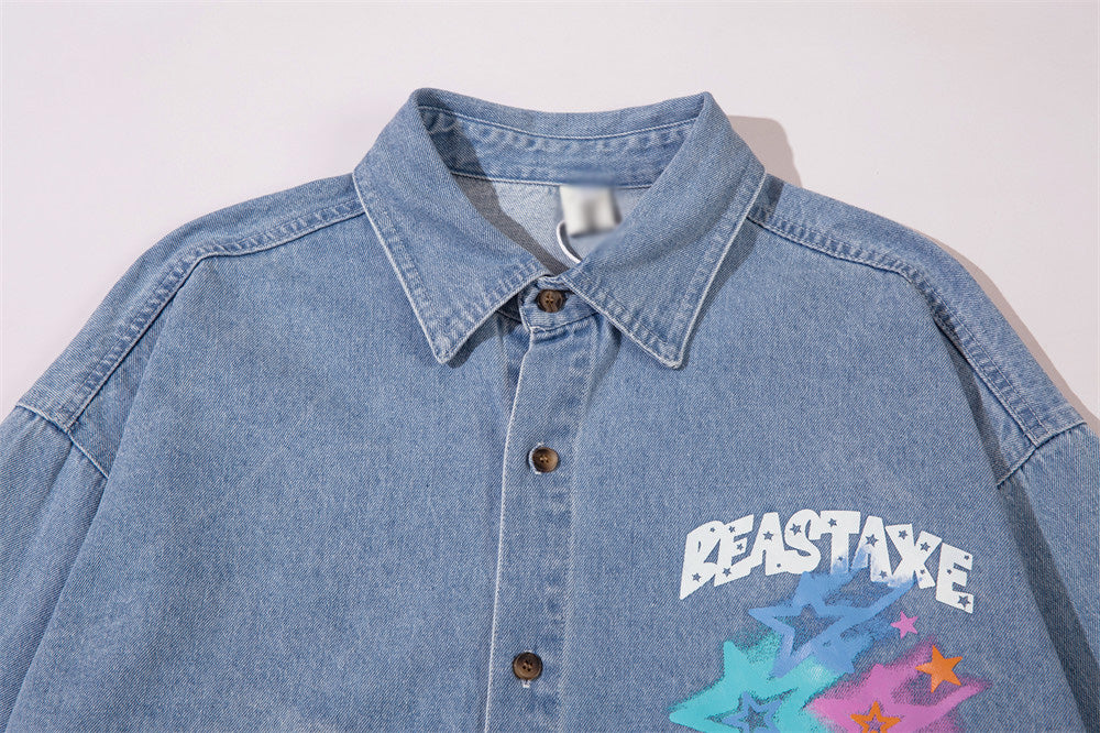 Design Five-pointed Star Graffiti Printing Denim Shirt