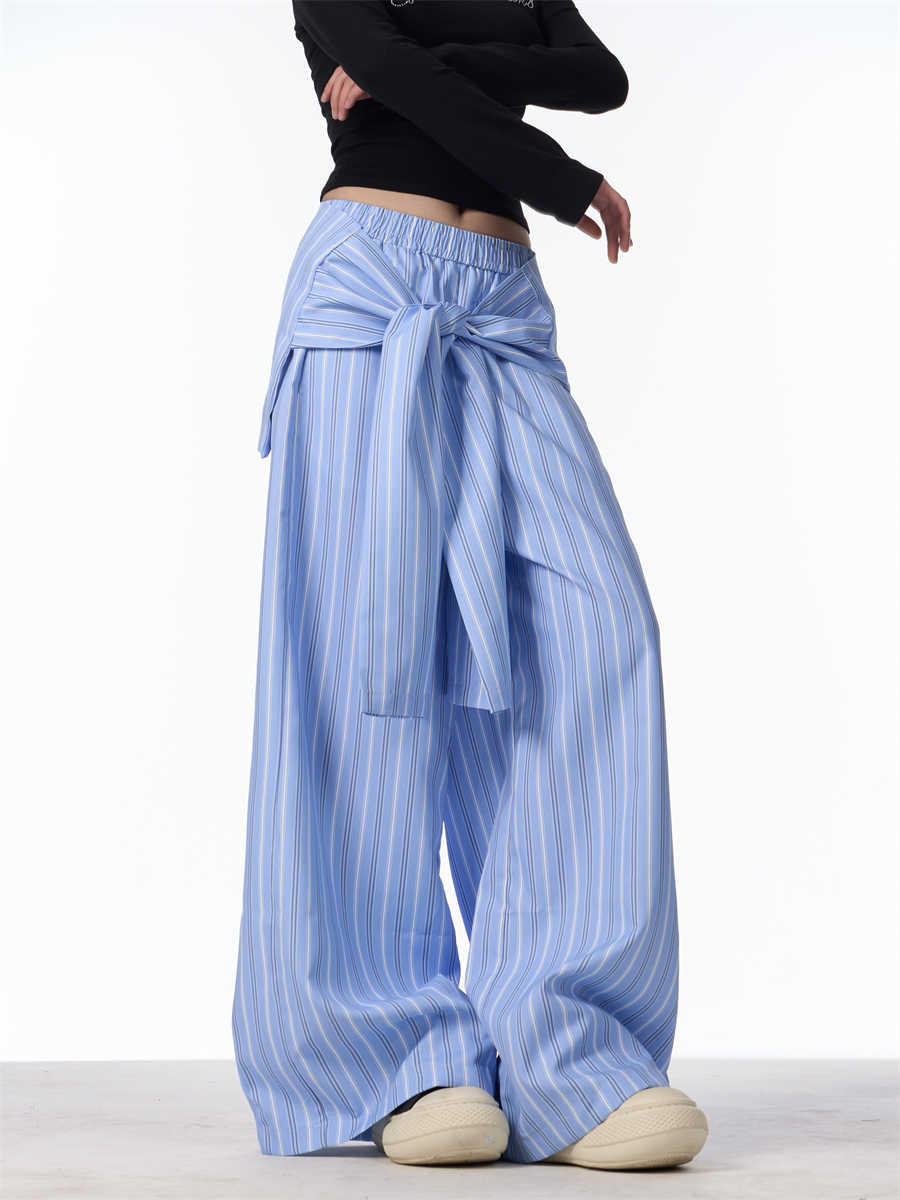 Retro Contrast Color Striped Wide-leg Pants Female Loose Casual Trousers