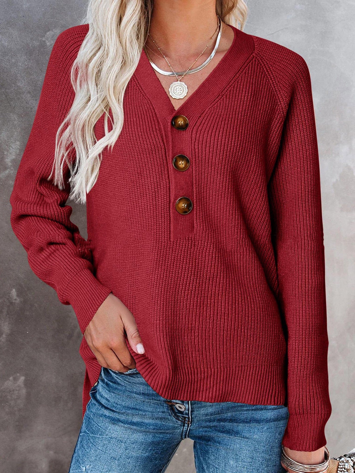 Ny knap Ny strikket V-hals-sweater til damer