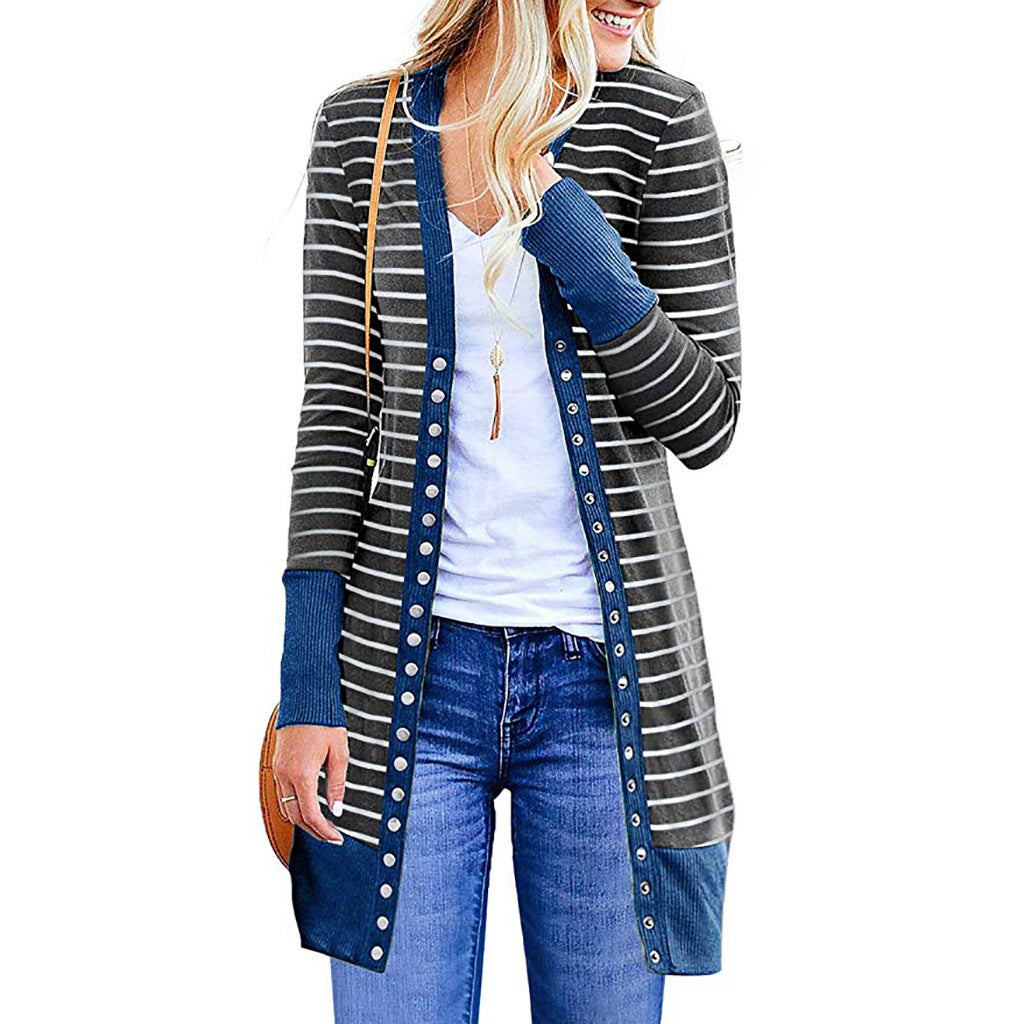 Efterår og vinter Plus Size moderigtig stribet cardigan til kvinder i mellemlængde med knapper