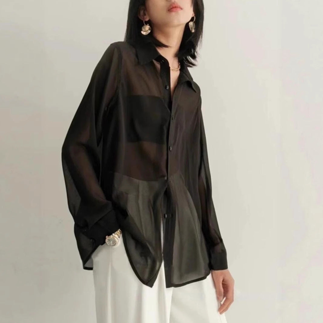Lady Temperament Micro Transparent Chiffon Shirt Air Conditioning Shirt
