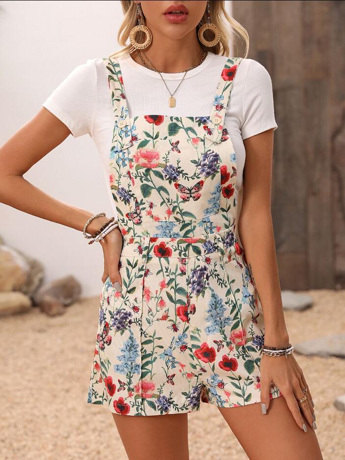 Women's Plant Print Button Strap Jumpsuit