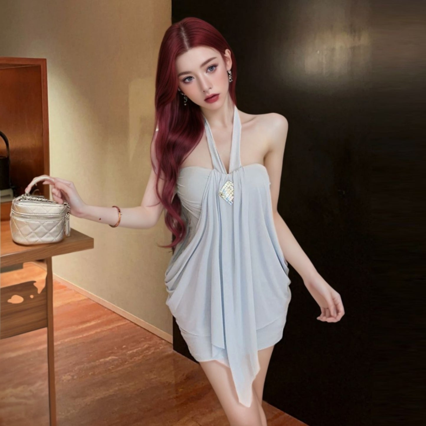 Womens Sexy Halterneck Backless Waist-Cinching Dress