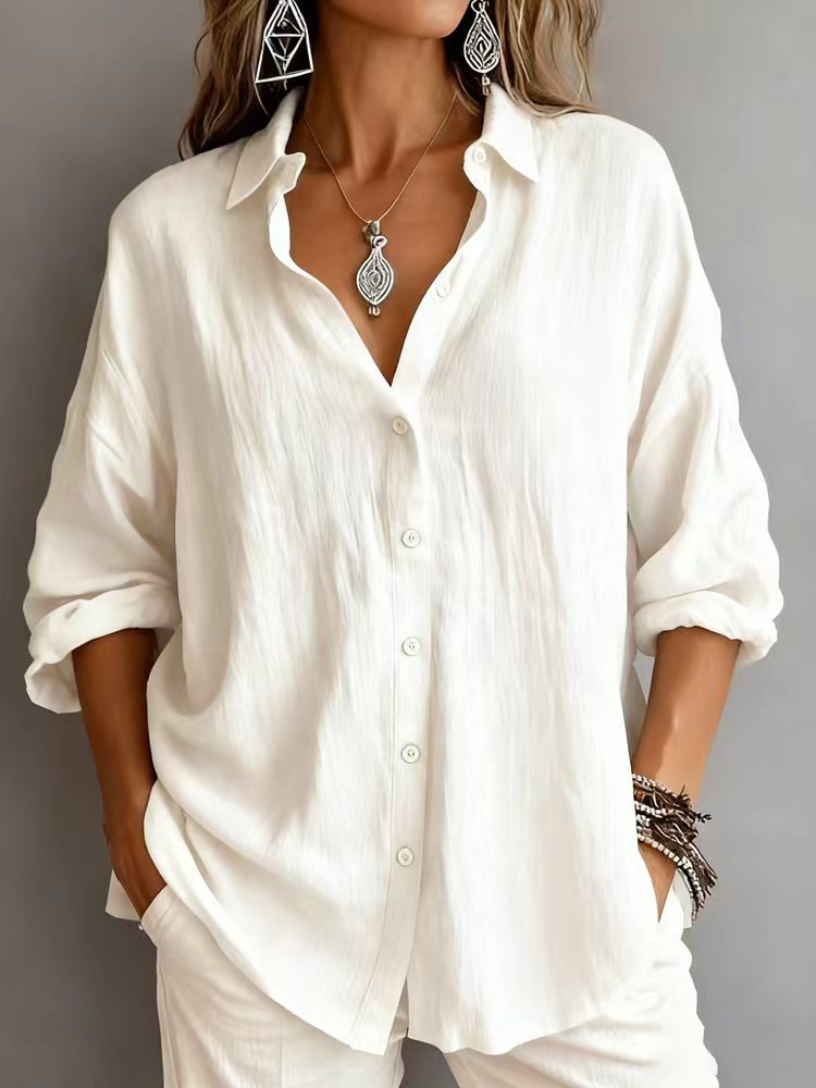 Fashionable Solid-color Long-sleeve Lapel Cardigan Shirt
