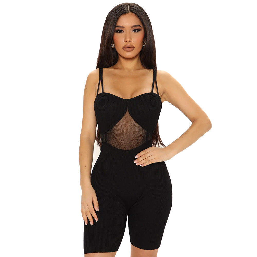 Women's Skinny Mesh Panel Suspender Jumpsuit