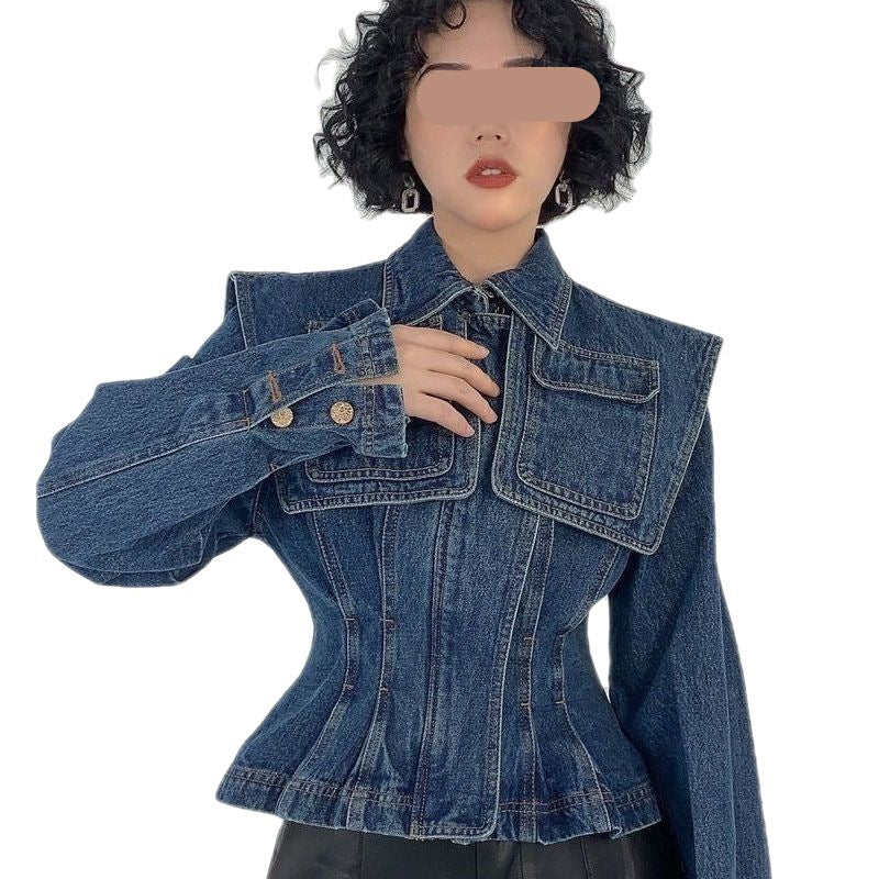 Cape Pocket Decoration Pleated Zipper Denim Coat