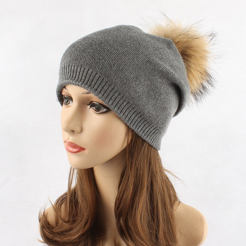 Raccoon Fur Ball Knitted Women's Solid Color Wool Pullover