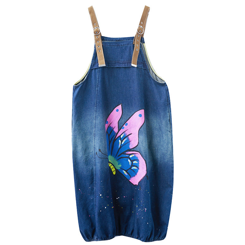 Fashion Butterfly Printed Denim Strap Skirt