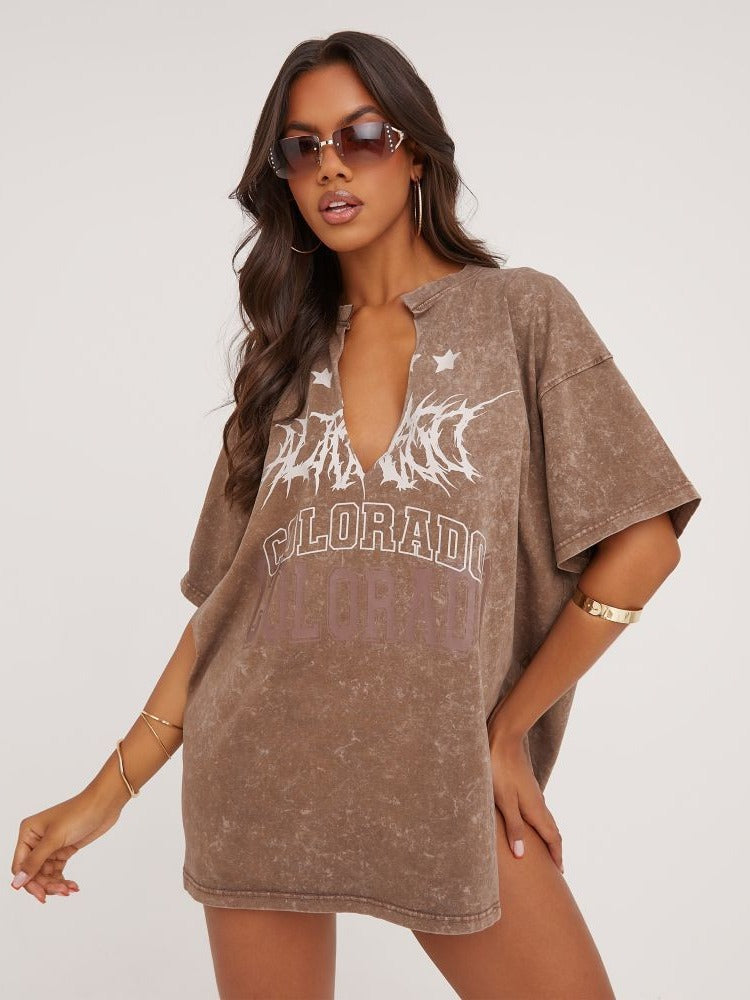 American Street Retro Style V-neck T-shirt Slit Loose Short Sleeve