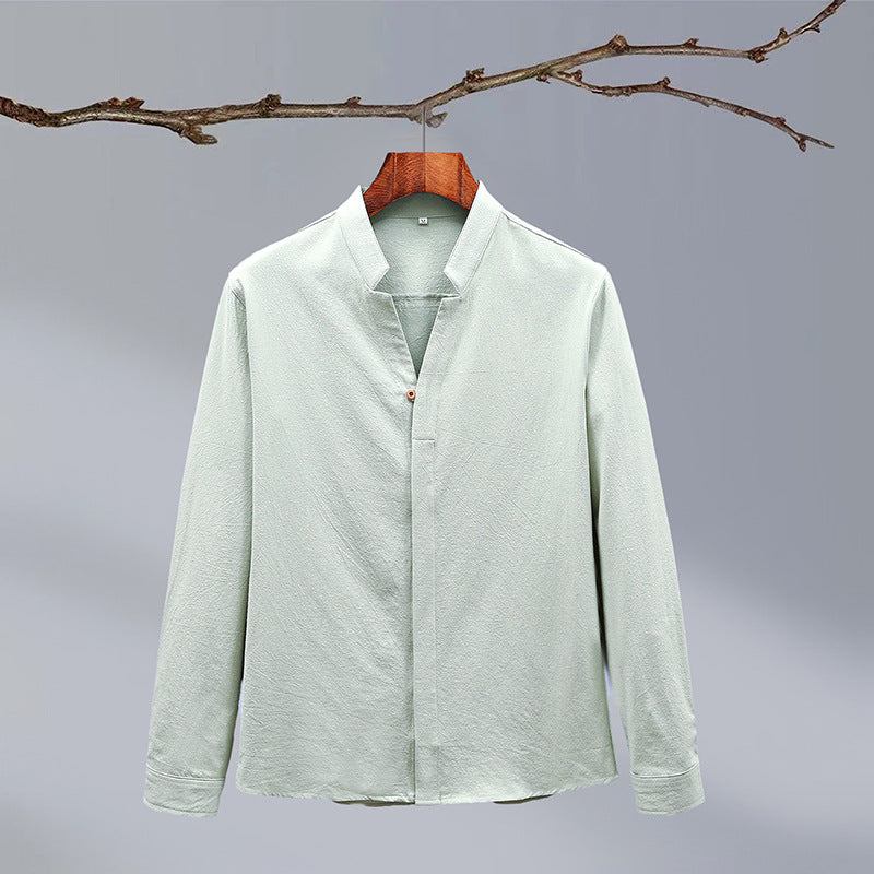 Cotton And Linen Crepe Solid Color Chinese Style Men's Long-sleeved Shirt