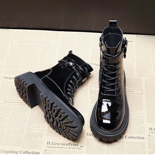 Block-heeled Mid-tube Patent Leather Boots
