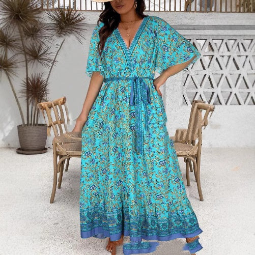 Women's Retro Printed V-Neck Long Dress Women's Pullover