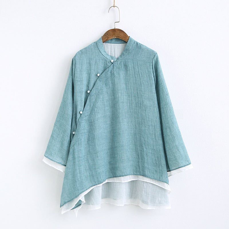 Solid Color Stand Collar Slanted Placket Chinese Style Buttoned Long Sleeves