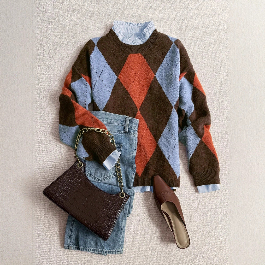 Comfortable And Warm Diamond Pattern Color Block Round Neck Long Sleeve