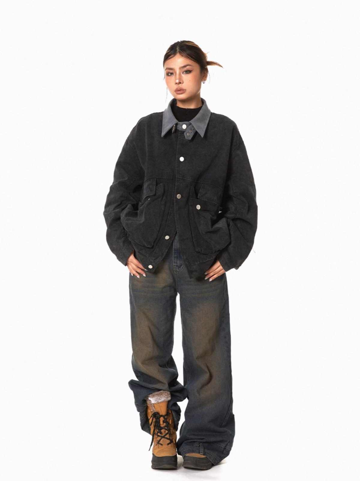 Lapel Tooling Distressed Large Pocket Stitching Jacket Loose Casual Short Coat