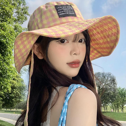 Tie-neck Plaid Bucket Hat Women's Summer Japanese Retro