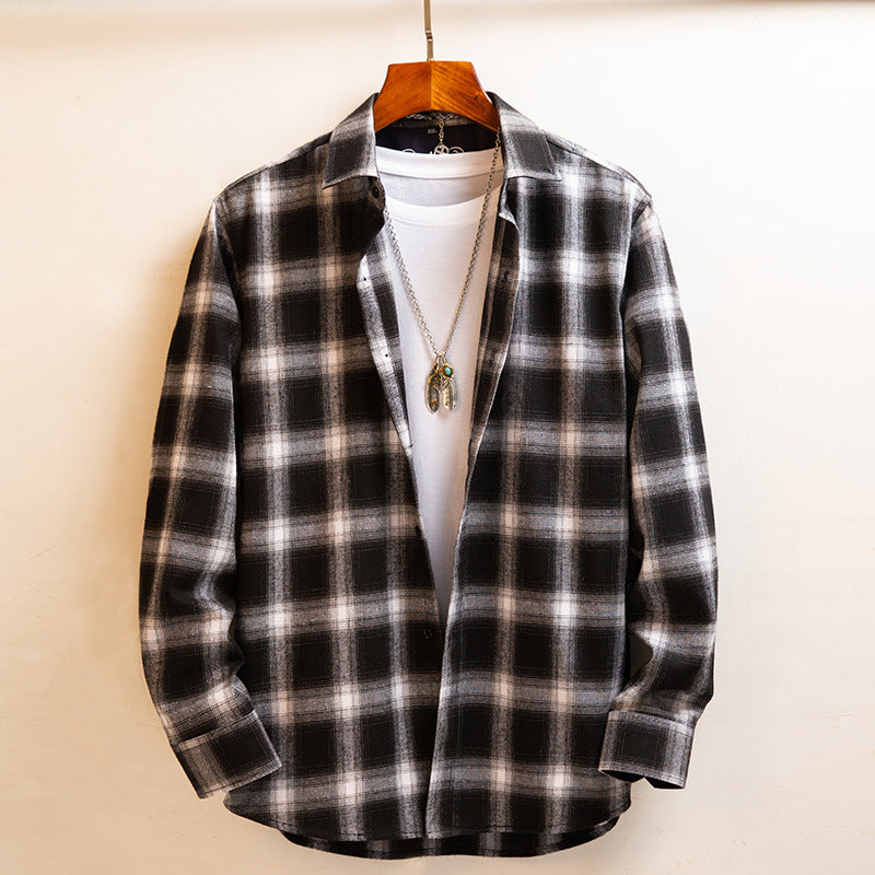 Autumn Brushed Long-sleeved Japanese Casual Loose Plaid Men's Bottoming Shirt