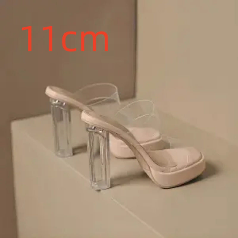 Crystal Transparent Thick Heel Fashion Net Celebrity Ins Tide High Heel Slippers