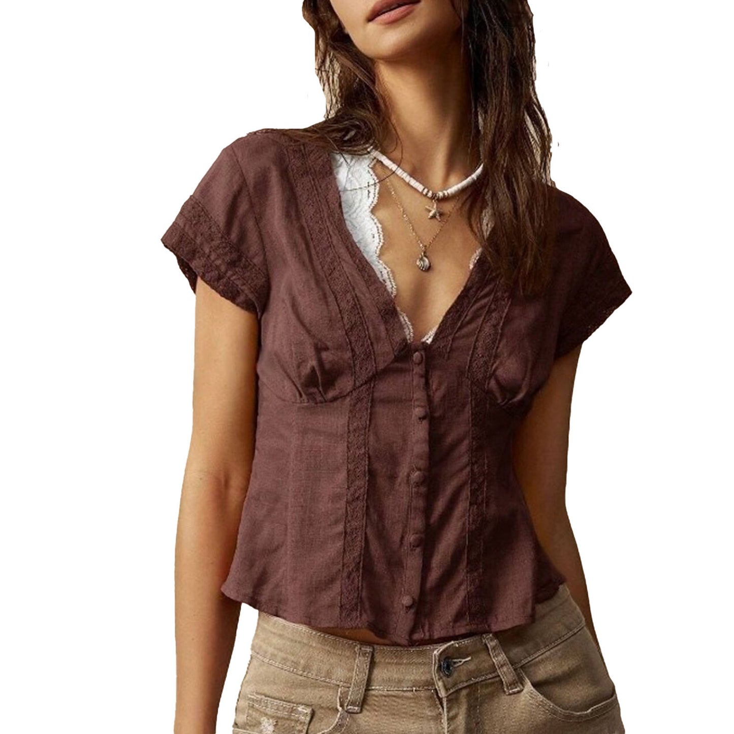 Retro Artistic Slim Fit Womens Short Sleeve Top