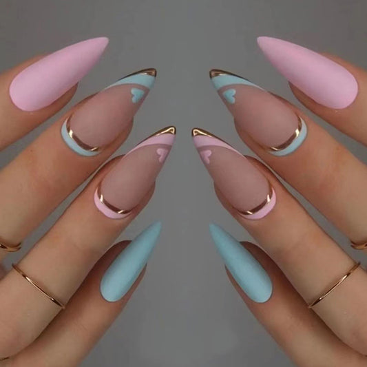 Wear Nail Tip Blue Mandarin Duck French Love Golden Edge Manicure Mid-length