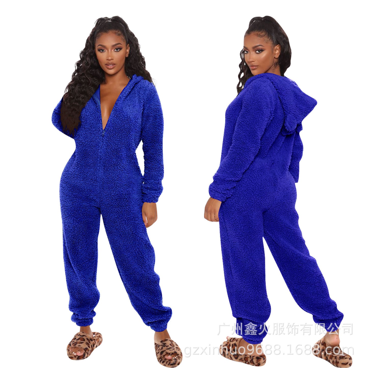 New Autumn And Winter Long Sleeve Hooded Casual Jumpsuit Trousers Plush Homewear Pajamas Cute Jumpsuit