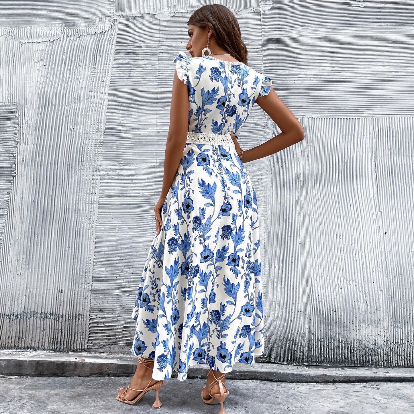European And American Printed Women's Lace Patchwork Lace Dress