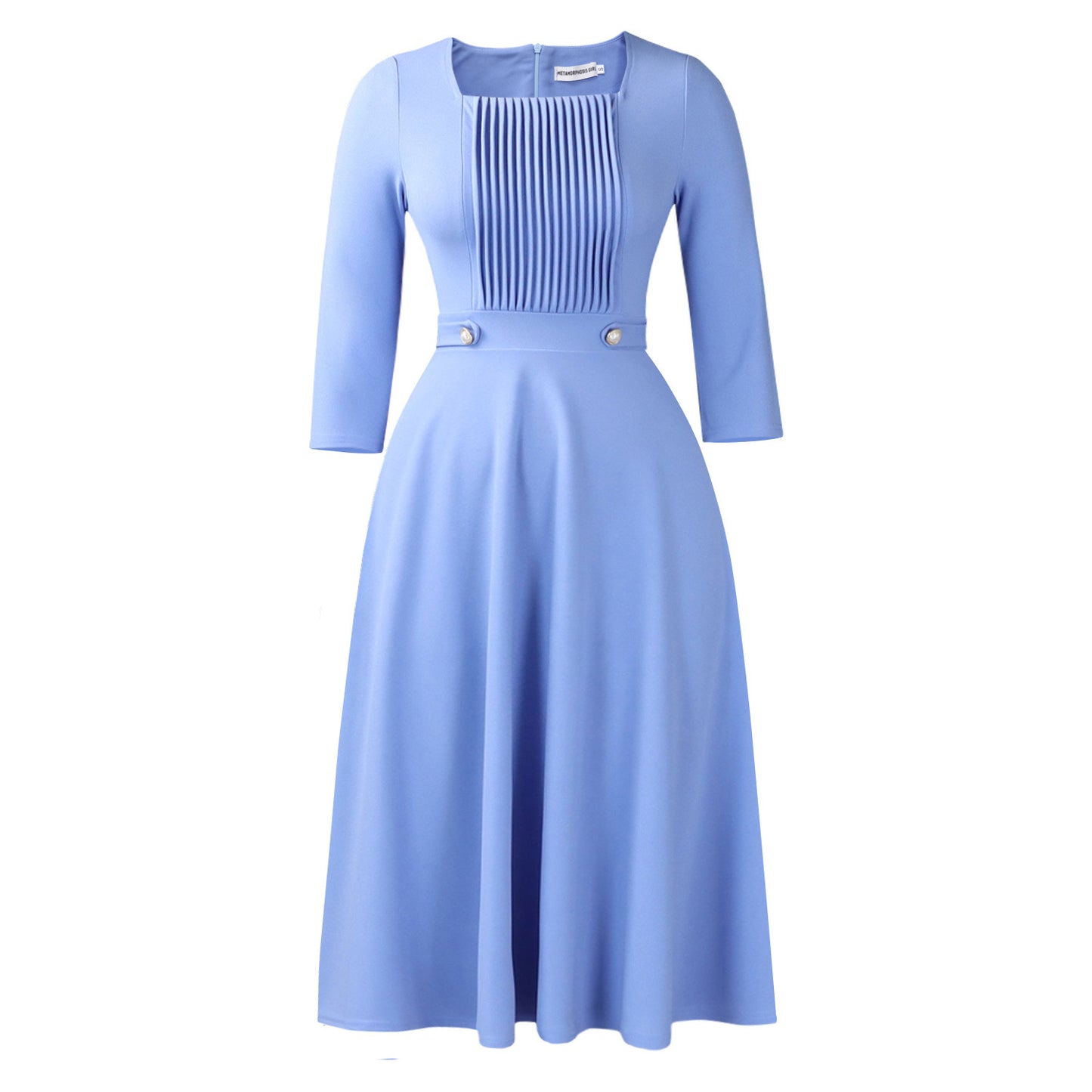 Fashionable Square-Neck Solid-Color Pleated Plus-Size Dress