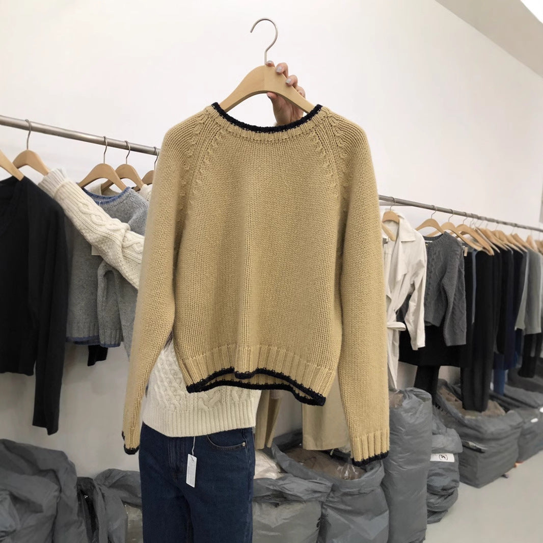 Contrast Color Knitted Collar Round Neck Sweater