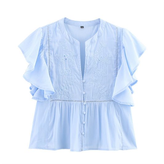 European And American Laminated Decoration Lapel Short Sleeve Casual Shirt