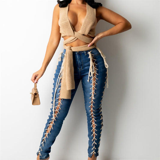Women's Fashion Wear Rope Elastic Slim Fit Denim Pants