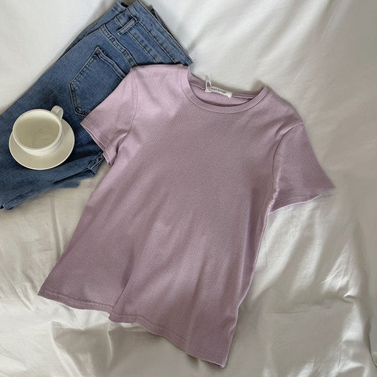 Ensfarvet kortærmet T-shirt til kvinder, slim-fit crop-top
