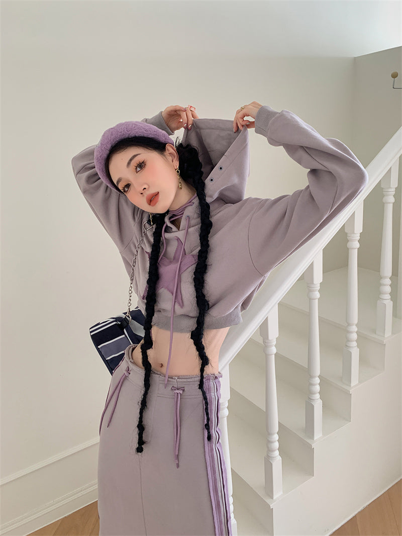 Retro Niche Fempunktsstjerne Hættetrøje Kort Lilla Sweater Dame