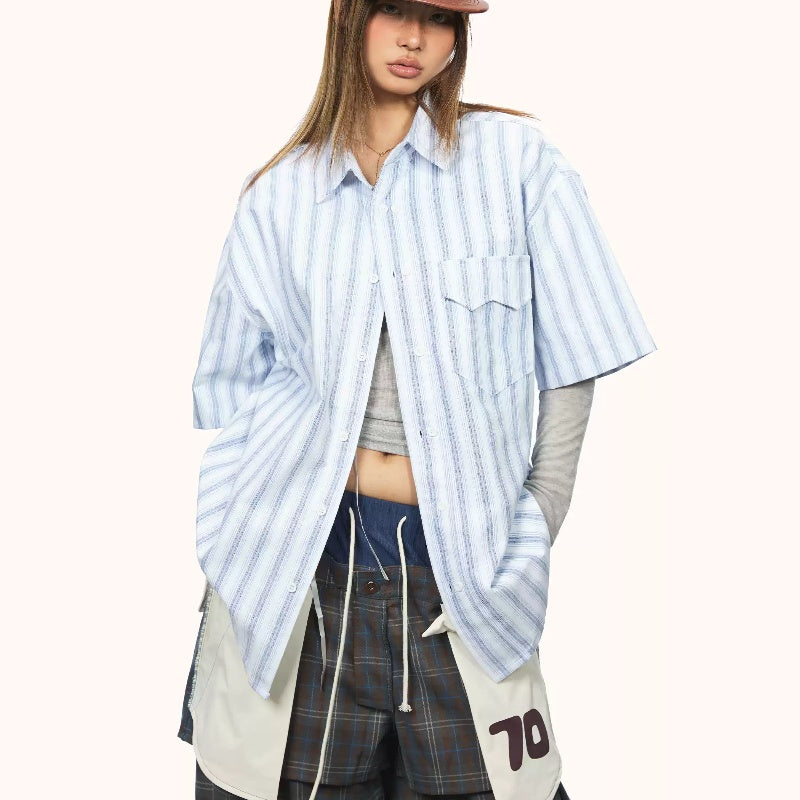 Blue Striped Short-sleeved Shirt Women's Loose Casual