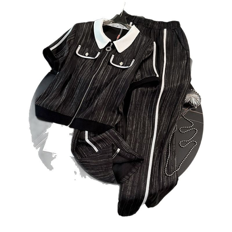 Womens Stylish Youth-Enhancing Lapel Collar Color-Block Short-Sleeve Cardigan Two-Piece Set