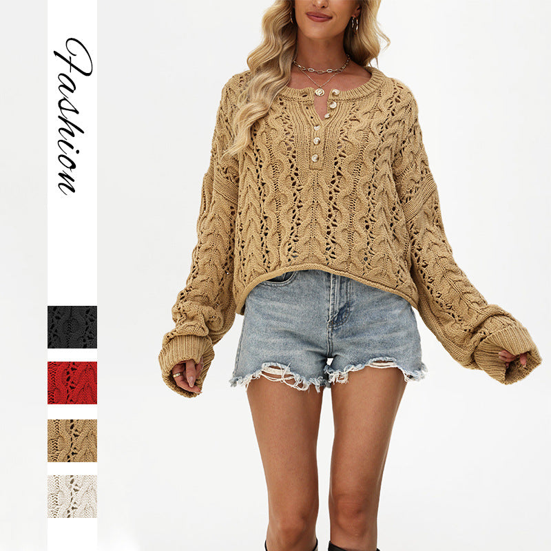 Loose Solid Color Pullover Short Knitted Button Sweater