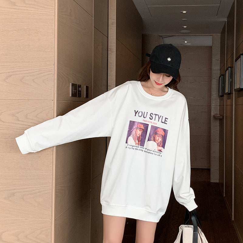 Women's Loose Mid-length Print Round Neck Long-sleeved Top
