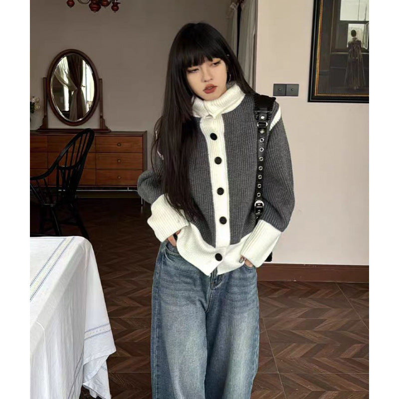 Design Sense Niche Contrast Color Thick Knit Cardigan Coat