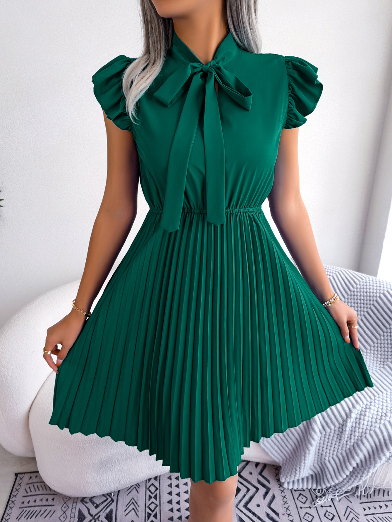 Women's Elegant Tie Waist Flowy Pleated Skirt