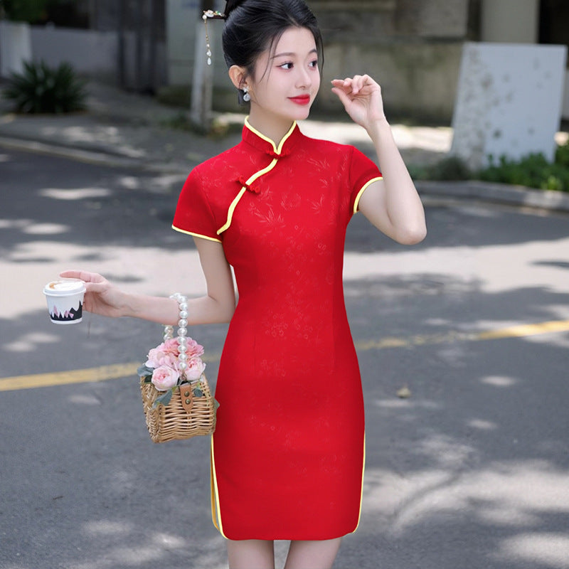 New Chinese-style Red Embossed Cheongsam Dress