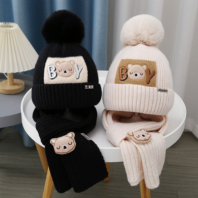 Children Hat Women's Knitted Keep Baby Warm Cartoon Bear Two-piece Set
